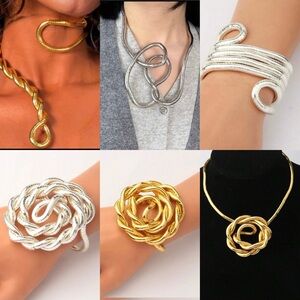NEW 2 Pcs Modern Flexible Gold & Silver Necklaces Snake Shape Bracelets Armbands